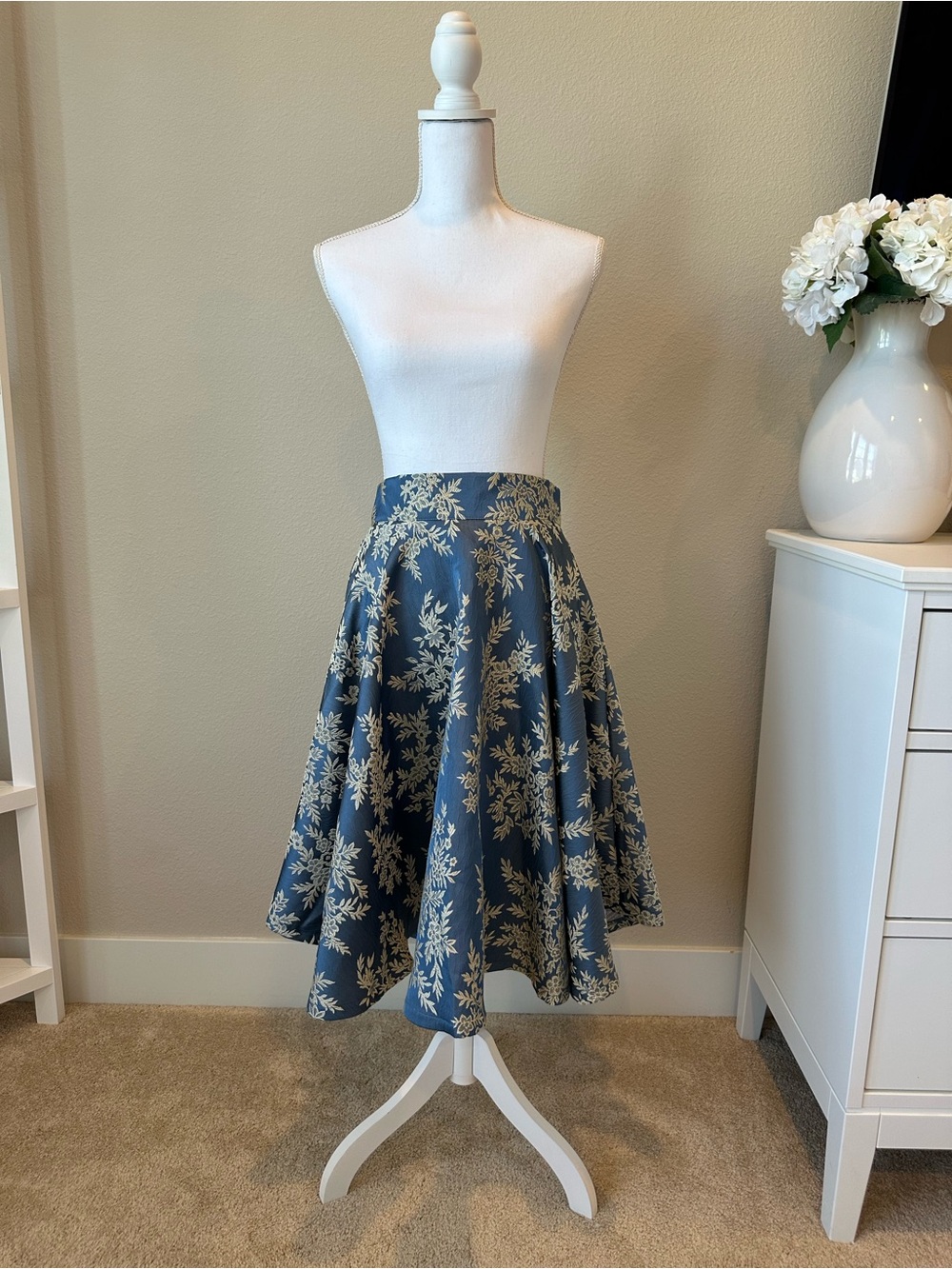 Chicwish Blue Midi Skirt with Cream Floral Jacquard